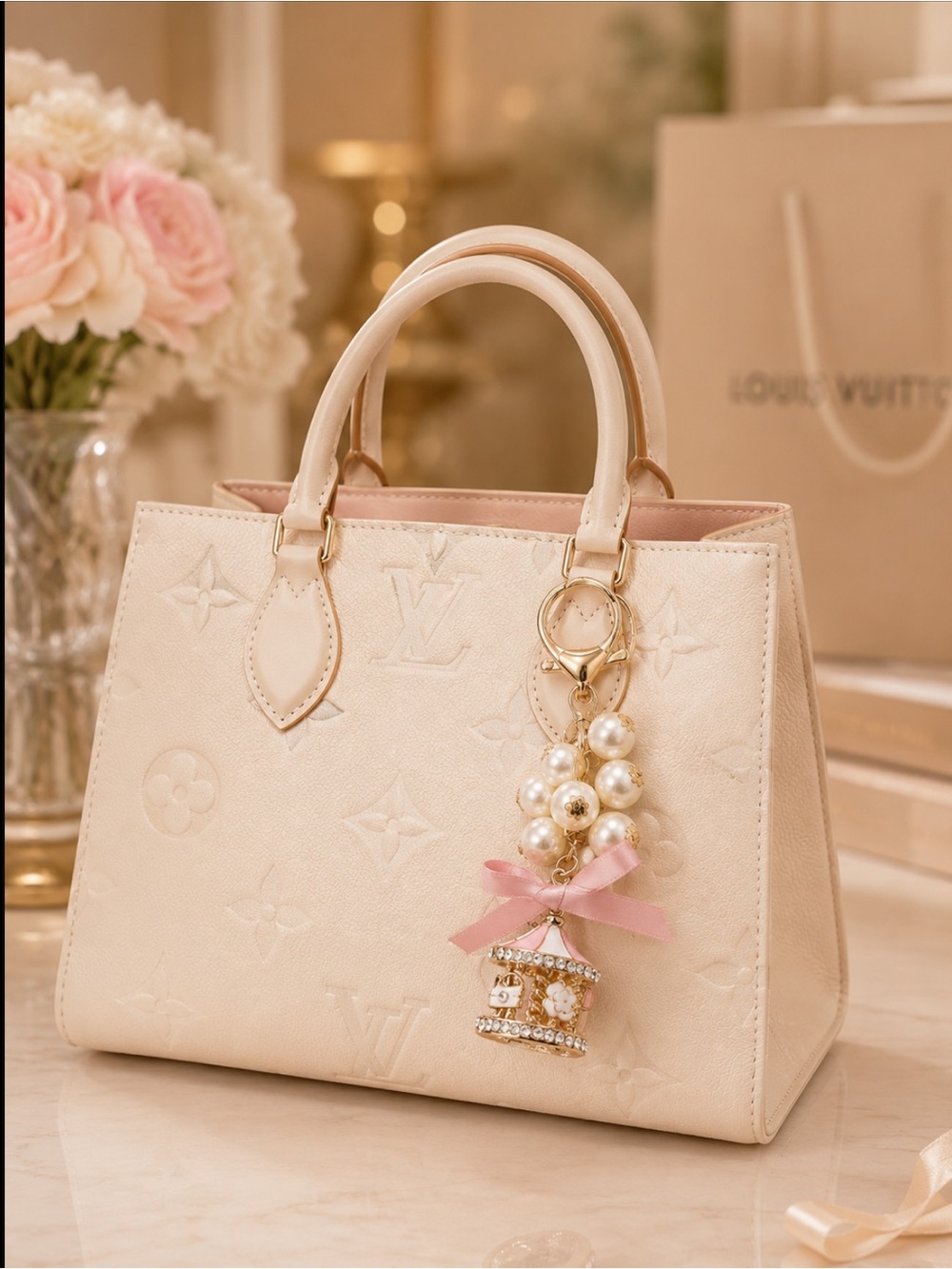 NWT Carousel Pearl Enamel Bag Charm Keychain Whimsical Elegant Luxurious Fun